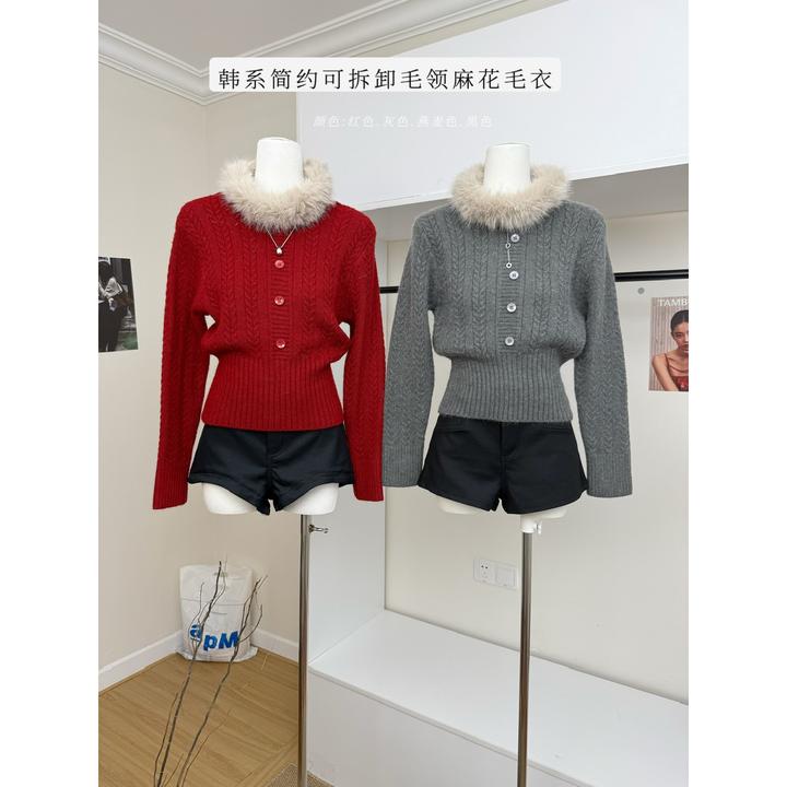 希妮丝 女生冬季穿搭小众炸街高级感女装韩系红色毛领针织衫外套