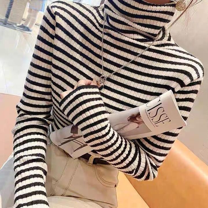 条纹高领打底衫女秋冬2025年新款百搭修身显示堆堆领毛衣内搭上衣