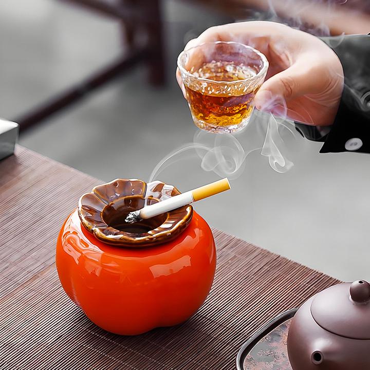 创意柿子陶瓷烟灰缸高端大气大号带盖防飞灰家用客厅茶几