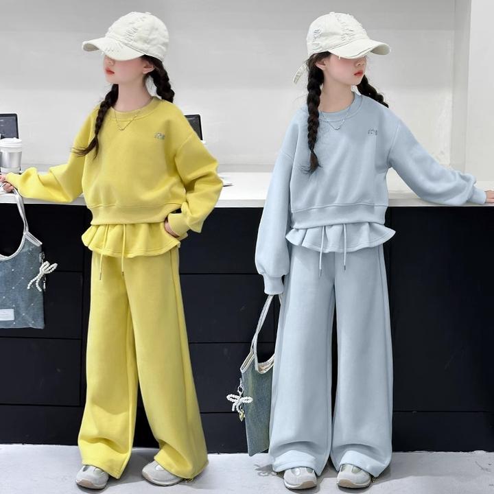 女童套装春秋款2025新款洋气女孩烫钻荷叶边裙裤中大童休闲两件套