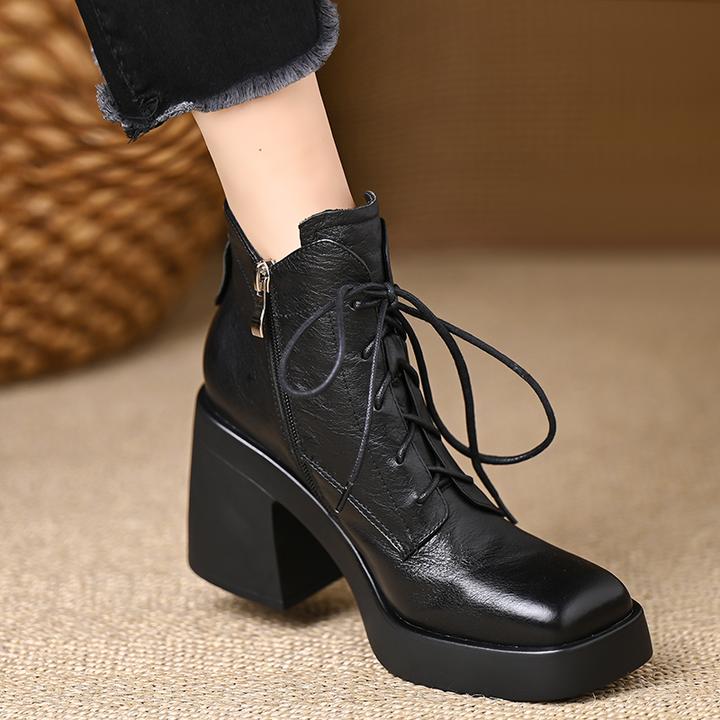 8.5厘米高跟短筒马丁靴女防水台方头牛皮厚底粗跟短靴百搭不累脚