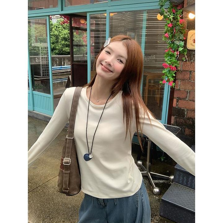 正肩圆领长袖t恤女2025新款秋冬季打底衫加厚修身百搭上衣女ins潮