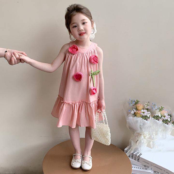 女宝宝立体花朵无袖背心裙2025夏季洋气时髦小女孩纯棉甜美连衣裙