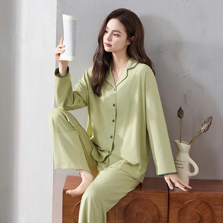 【7A抗菌】睡衣女春秋纯棉长袖冬季开衫休闲纯色家居服套装代发