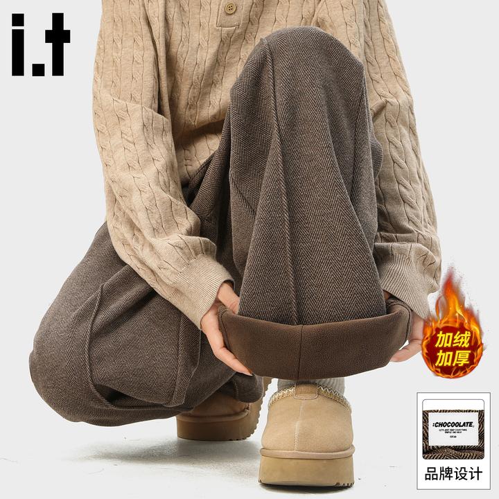 it :CHOCOOLATE加厚保暖休闲裤2025冬季慵懒风人字纹宽松加绒裤子