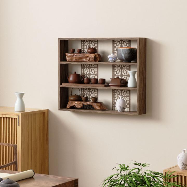博古架实木中式壁挂式茶架子置物架墙上简约现代客厅多宝阁格子架