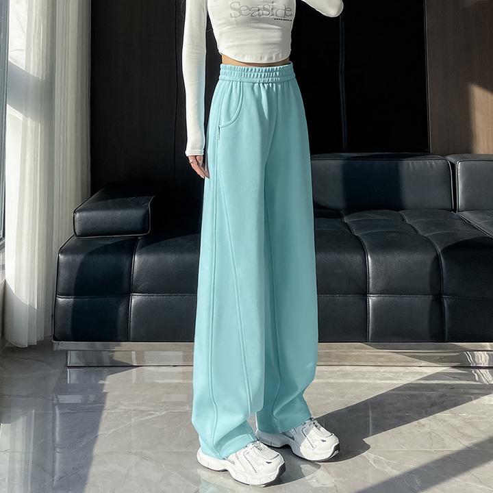 湖蓝色运动阔腿裤女2025秋季新款时尚弯刀裤松紧腰直筒宽松香蕉裤