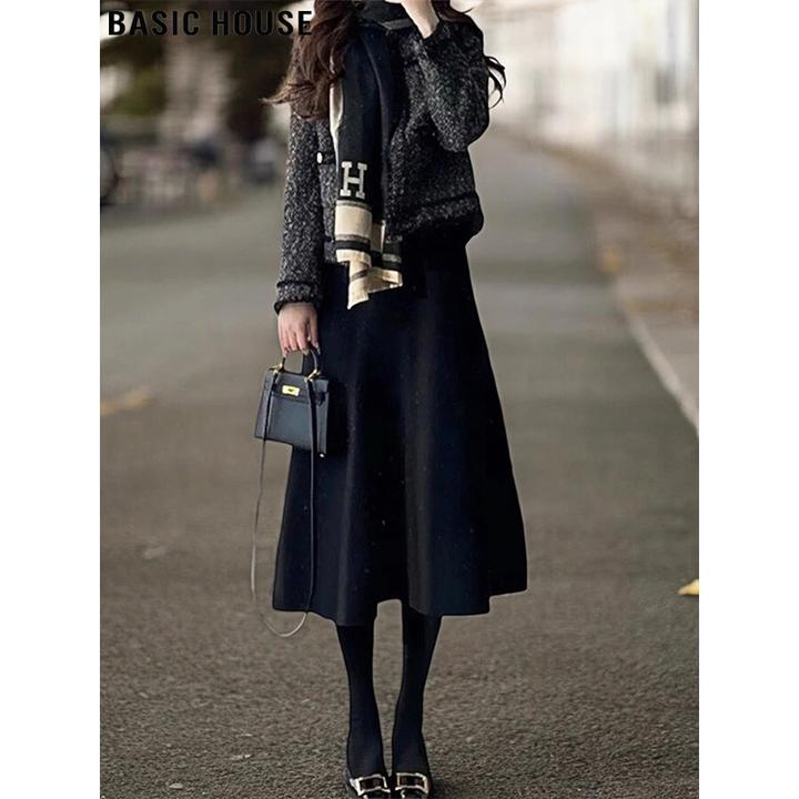 Basic House/百家好法式毛呢半身裙女秋季小黑裙中长款A字西装裙