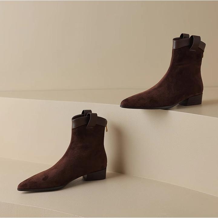 尖头粗跟欧美小踝靴女绒面时尚短靴2025秋冬新款瘦瘦靴百搭弹力靴