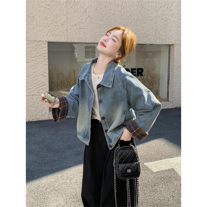 格子拼接牛仔外套女春秋2025新款韩系流行高级感短款夹克上衣爆款