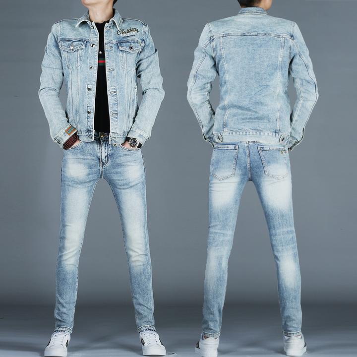 品质高端男士牛仔套装男款美式高街痞帅潮牌修身上衣夹克外套6363