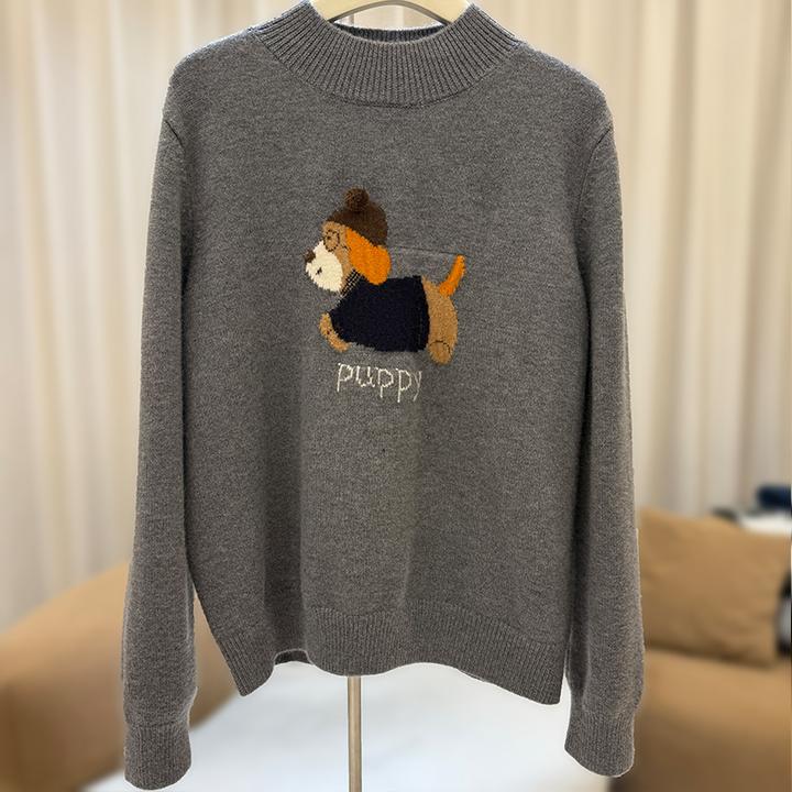 zaw大码女装小狗提花毛衣女秋冬宽松慵懒针织衫胖mm遮肉显瘦25521