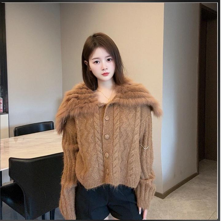 海军领狐狸毛针织衫 轻奢皮草外套宽松慵懒毛衣上衣女