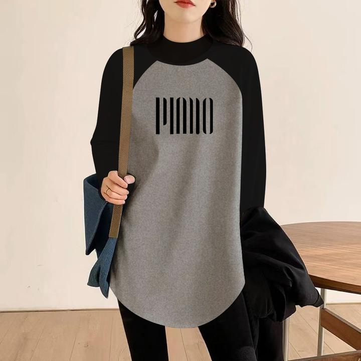 春秋冬季半高领长袖t恤女保暖德绒时尚新款内搭打底衫中长款上衣