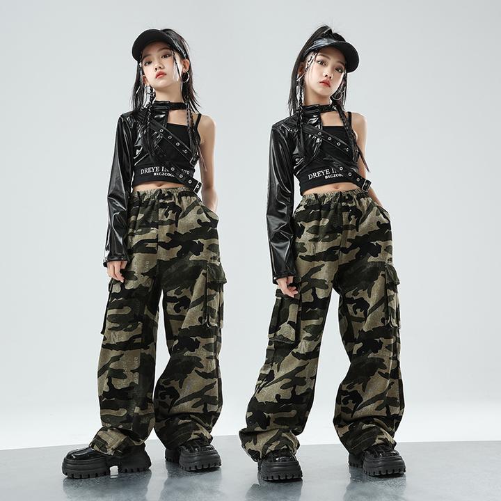 儿童爵士舞服装单袖皮衣迷彩裤套装露脐JAZZ街舞演出服女童舞蹈酷