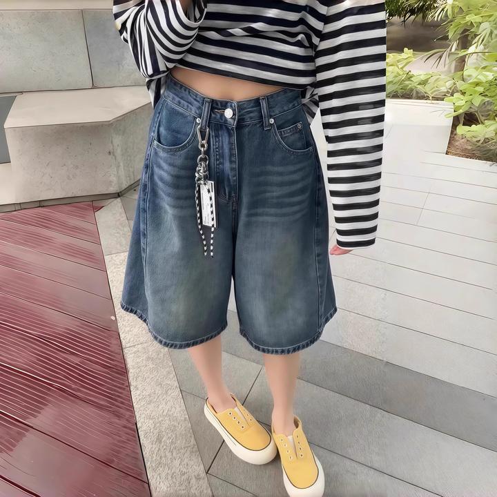 夏季薄款阔腿牛仔裤女2025新款高腰复古时尚气质宽松显瘦五分裤子