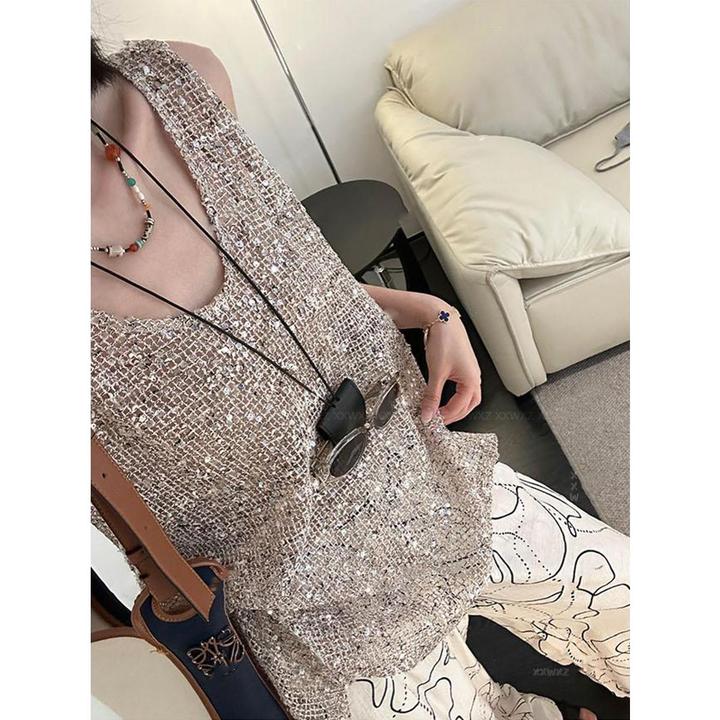 大码爆款夏季新款韩国东大门马甲时尚休闲法式亮片外搭叠穿上衣