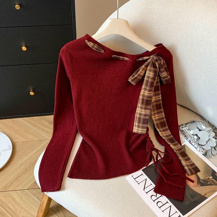 设计感德绒格纹丝巾拼接长袖T恤女秋冬新款韩版抽绳收腰显长袖辉