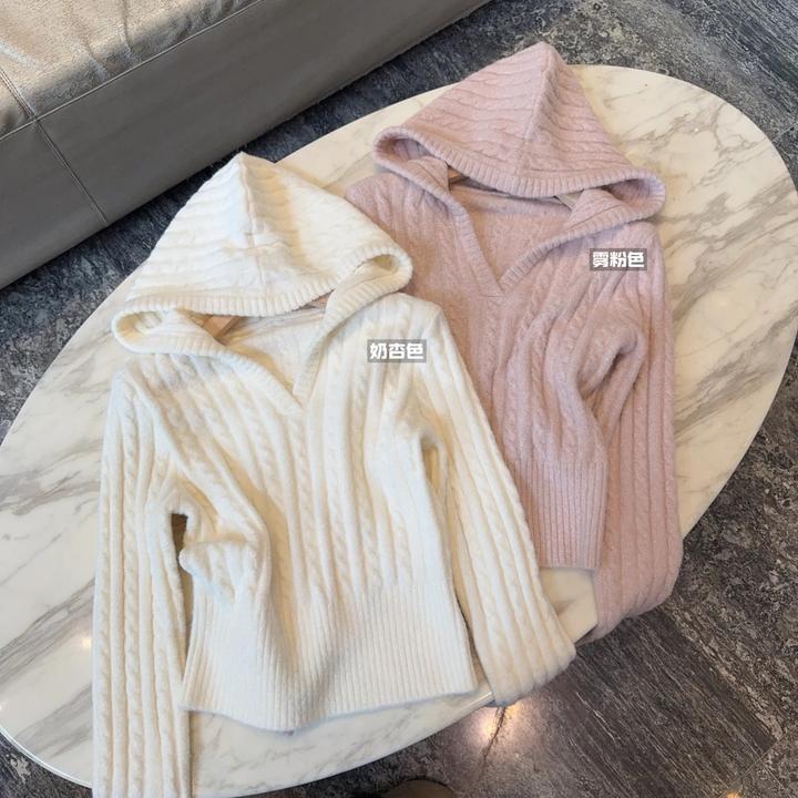 新款韩版敲舒服软檽麻花毛衣女长袖套头针织连帽显瘦毛衣K1-51