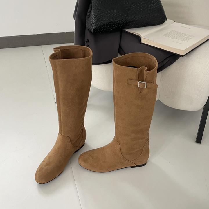法式内增高复古不过膝堆堆靴长筒靴女鞋秋新款漂亮绒面瘦瘦时装靴
