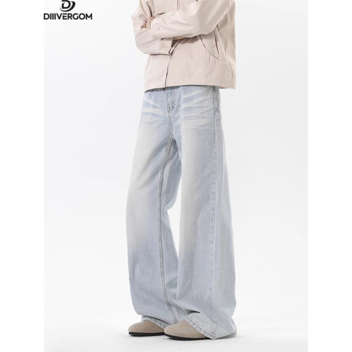 美式高街浅蓝色牛仔裤男潮牌复古水洗做旧设计感宽松阔腿休闲长裤