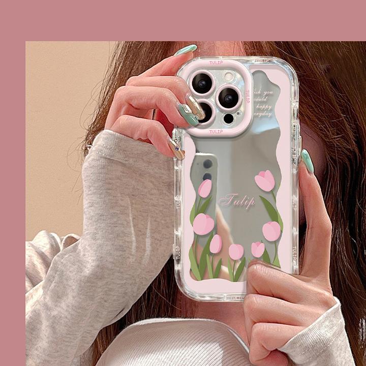 郁金香镜面苹果15手机壳iphone14/13/12/11pro透明防摔xs/xr清新