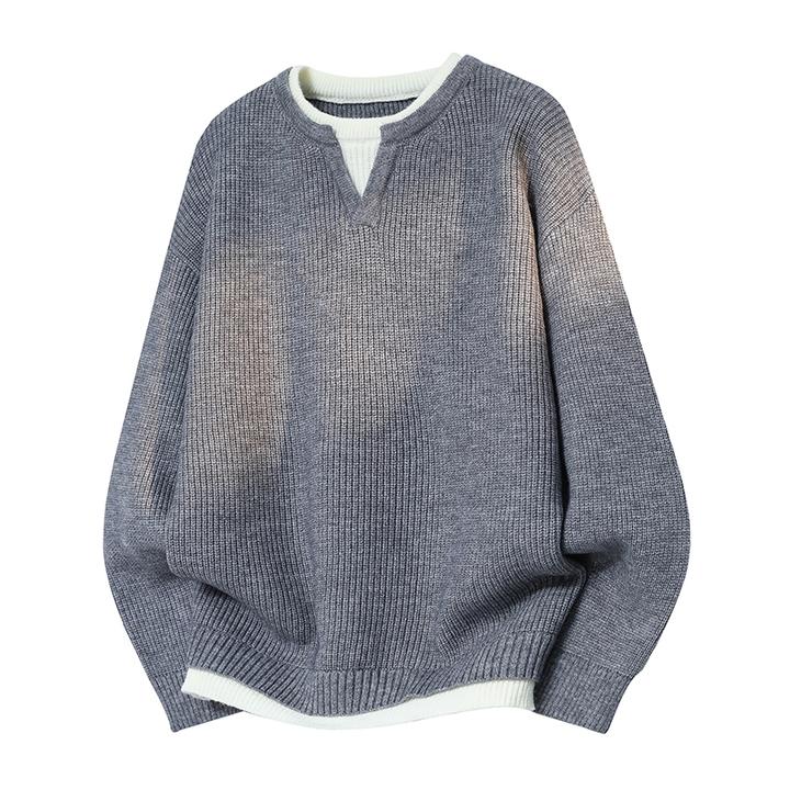 仓石一树时尚休闲韩版宽松针织衫男士冬季简约假两件个性痞帅毛衣