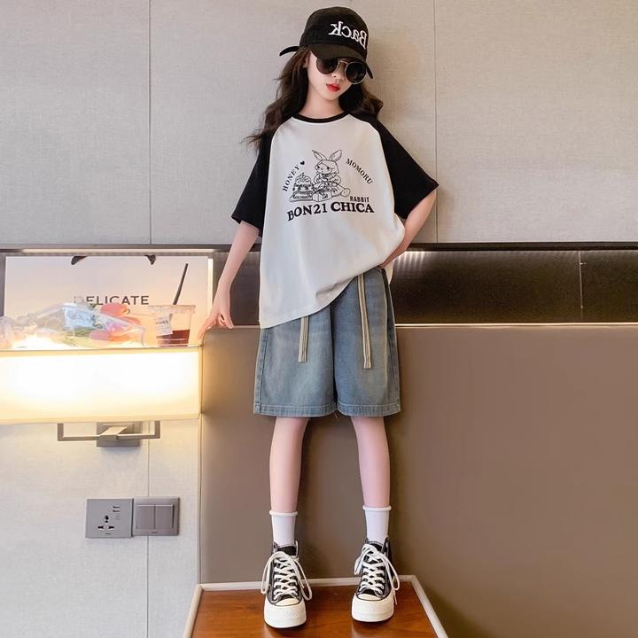女童夏季短袖短裤套装2025新款洋气女大童夏装韩范薄款牛仔五分裤