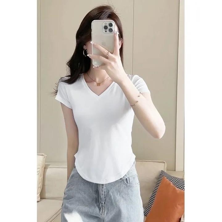 白色V领t恤短袖女2025夏季新款修身显瘦体恤港风纯欲U型下摆上衣