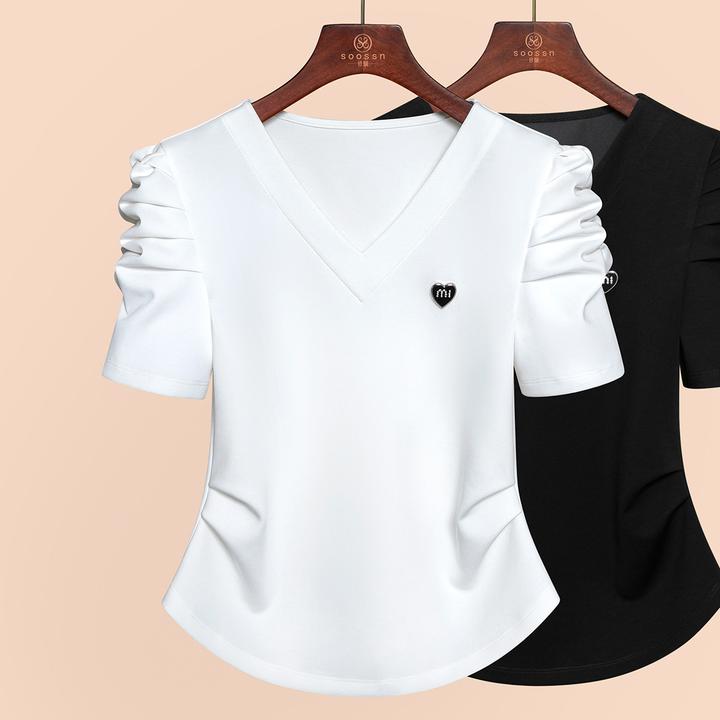 法式泡泡袖白色v领短袖T恤女夏季2025年新款女装褶皱遮肉显瘦上衣