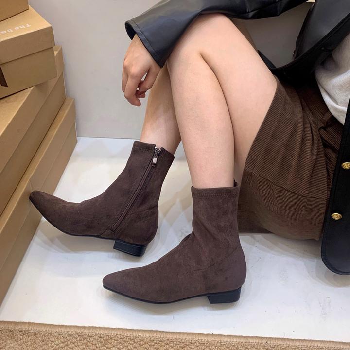 2025秋季新款小尖粗跟低跟短靴靴子百搭绒面及踝靴侧拉链瘦瘦靴女