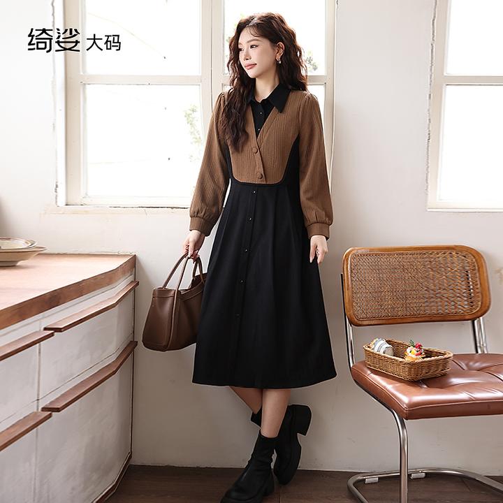秋冬新款法式假两件套气质百褶连衣裙显瘦大码胖mm气质衬衫裙长袖
