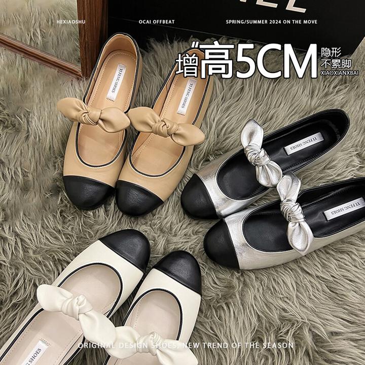 羊皮版增高复古蝴蝶结浅口单鞋女2025新款一脚蹬休闲百搭玛丽珍鞋