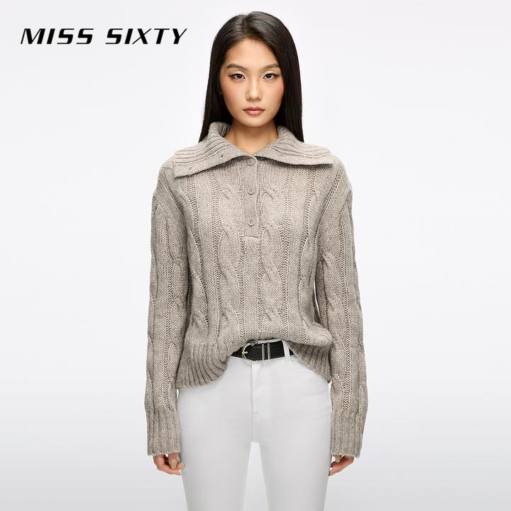Miss Sixty2025冬季新款针织衫女polo领羊毛棉混纺长袖短款毛衣