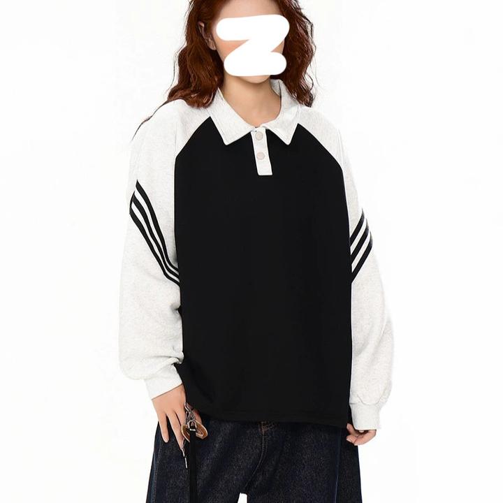 大码胖mm200斤潮牌青春撞色polo衫女秋季百搭休闲慵懒风长袖卫衣