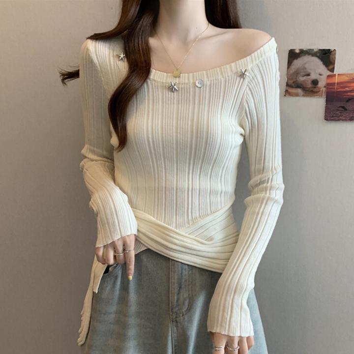 法式不规则一字肩针织衫女秋季2025新款胖MM显瘦修身打底衫上衣潮