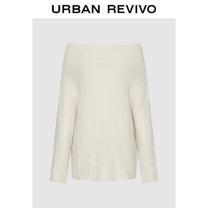 UR2025冬季新款女装气质一字领亮片肌理感针织衫UWJ950095