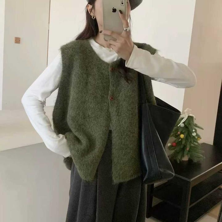 韩系圆领简约两粒扣针织马甲开衫女春秋冬新款宽松百搭毛衣背心