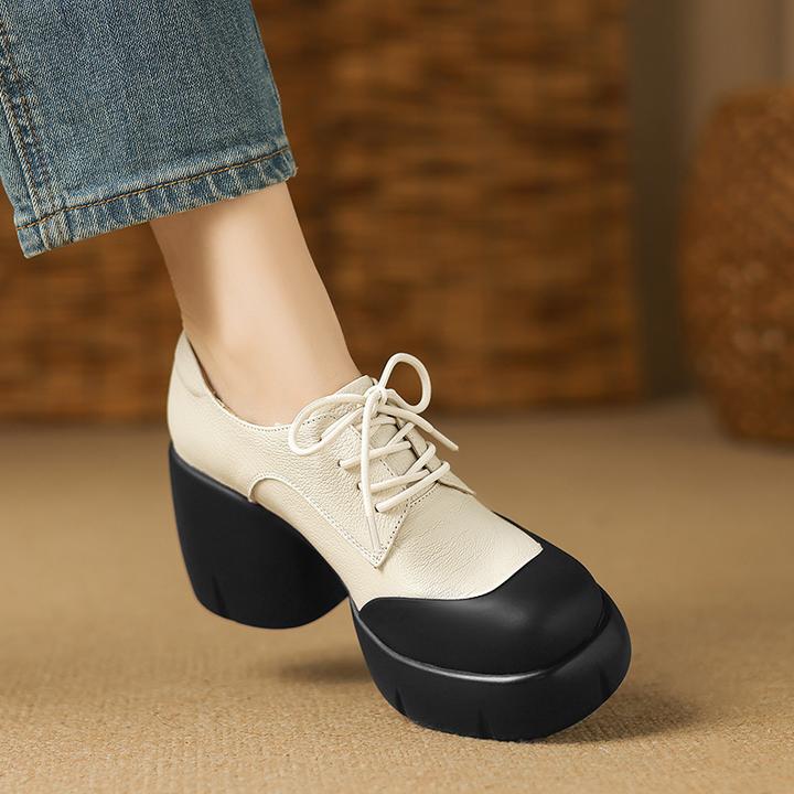 8.5cm粗跟拼色圆头厚底单鞋软羊皮系带增高女鞋时尚防水台高跟鞋