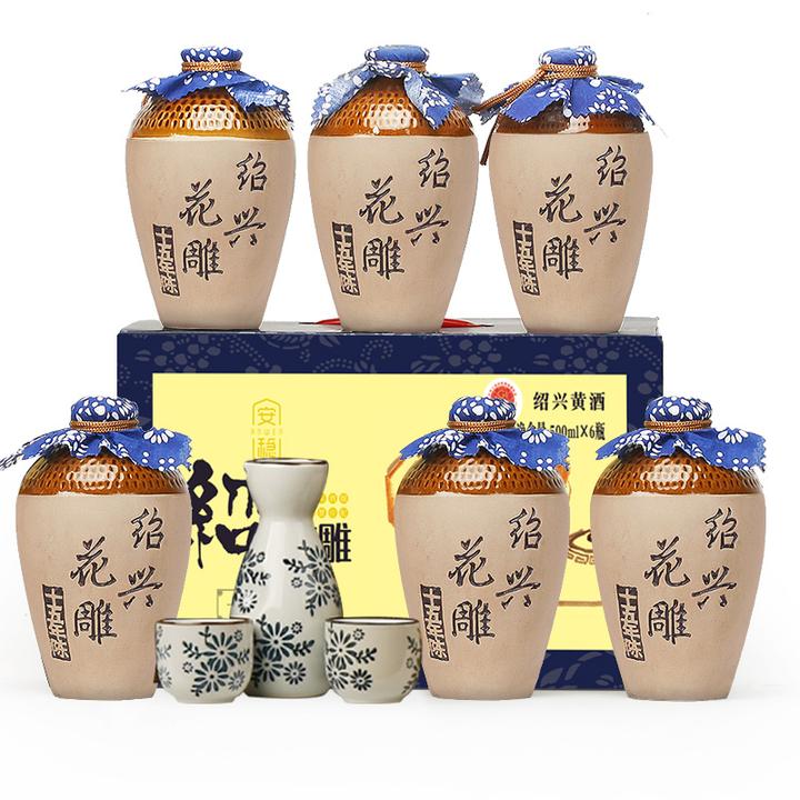 绍兴黄酒十五年陈花雕酒整箱礼盒500mlx6坛装无焦糖色半干糯米酒
