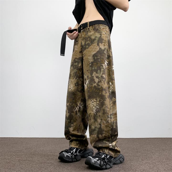 高街潮牌迷彩蛇纹小众牛仔裤男夏季美式潮流百搭宽松时尚痞帅长裤