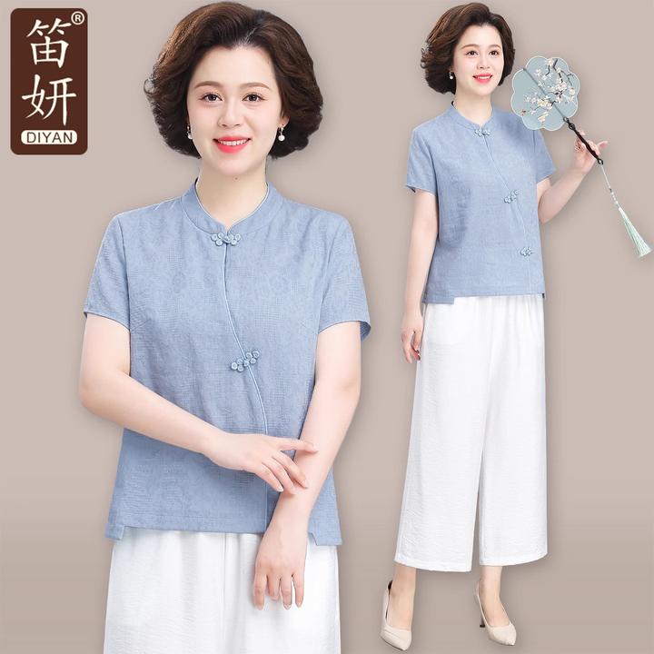 中年妈妈装夏季套装新中式暗花纯棉t恤中老年女夏装显瘦短袖上衣