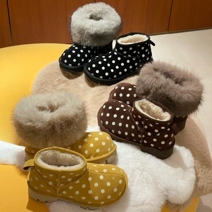 复古两穿可拆卸厚底靴子女2025冬季可爱波点雪地靴防滑加绒毛毛靴