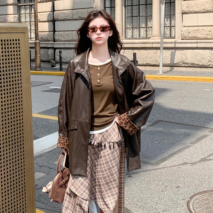 咖色美拉德复古轻熟风收腰显瘦皮衣外套女秋季新款小个子休闲风衣