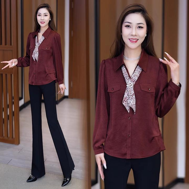时尚长袖衬衫女士2025春季新款宽松洋气质显瘦百搭小个子飘带衬衣