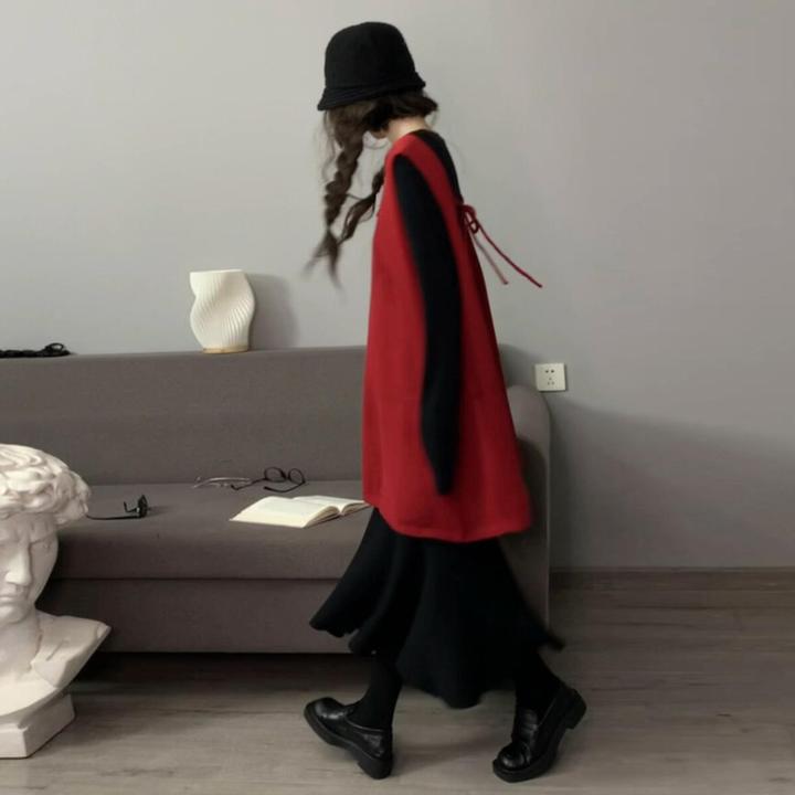 红色背心针织毛衣连衣裙子女秋冬季韩系巨好看套装鱼尾裙圣诞穿搭