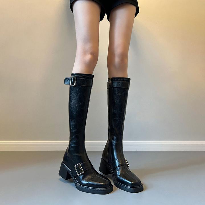 秋冬季瘦瘦靴2025绝美穿搭高筒长靴方头皮带扣粗跟弹力骑士靴女靴