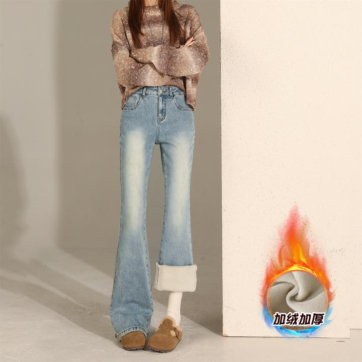 2331秋冬新款高腰弹力提臀显瘦百搭裤加绒保暖水洗蓝微辣牛仔裤女