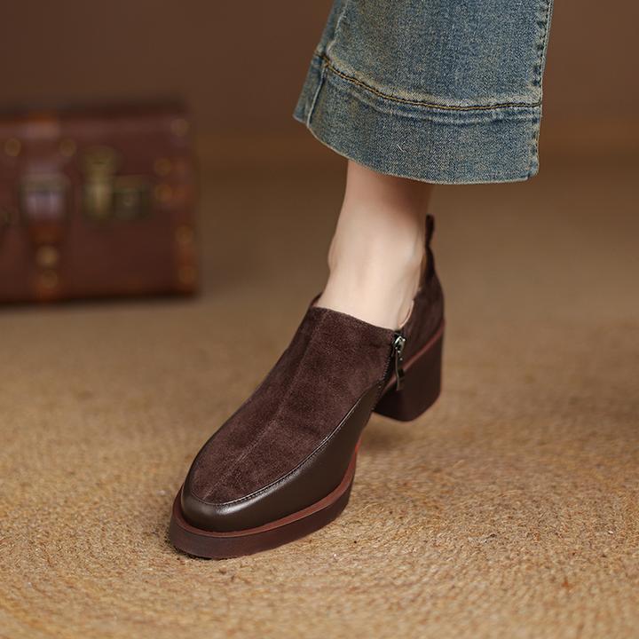 5CM，羊皮高跟厚底乐福鞋粗跟百搭圆头单鞋复古英伦风深口厚底乐福