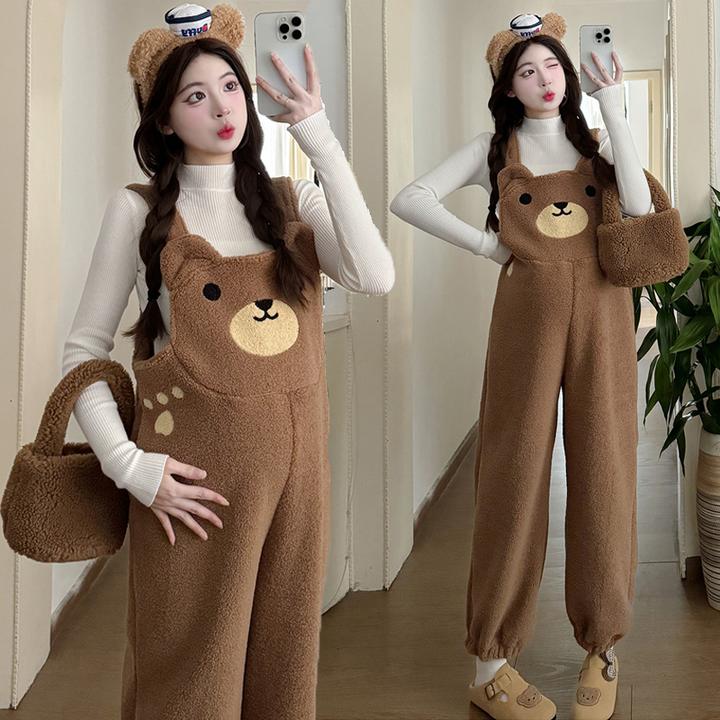 孕妇装秋冬羊羔毛加绒背带裤两件套2025新款时尚洋气减龄休闲套装